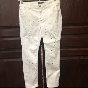 Chicos white pants with pearls and rhinestones all down the front